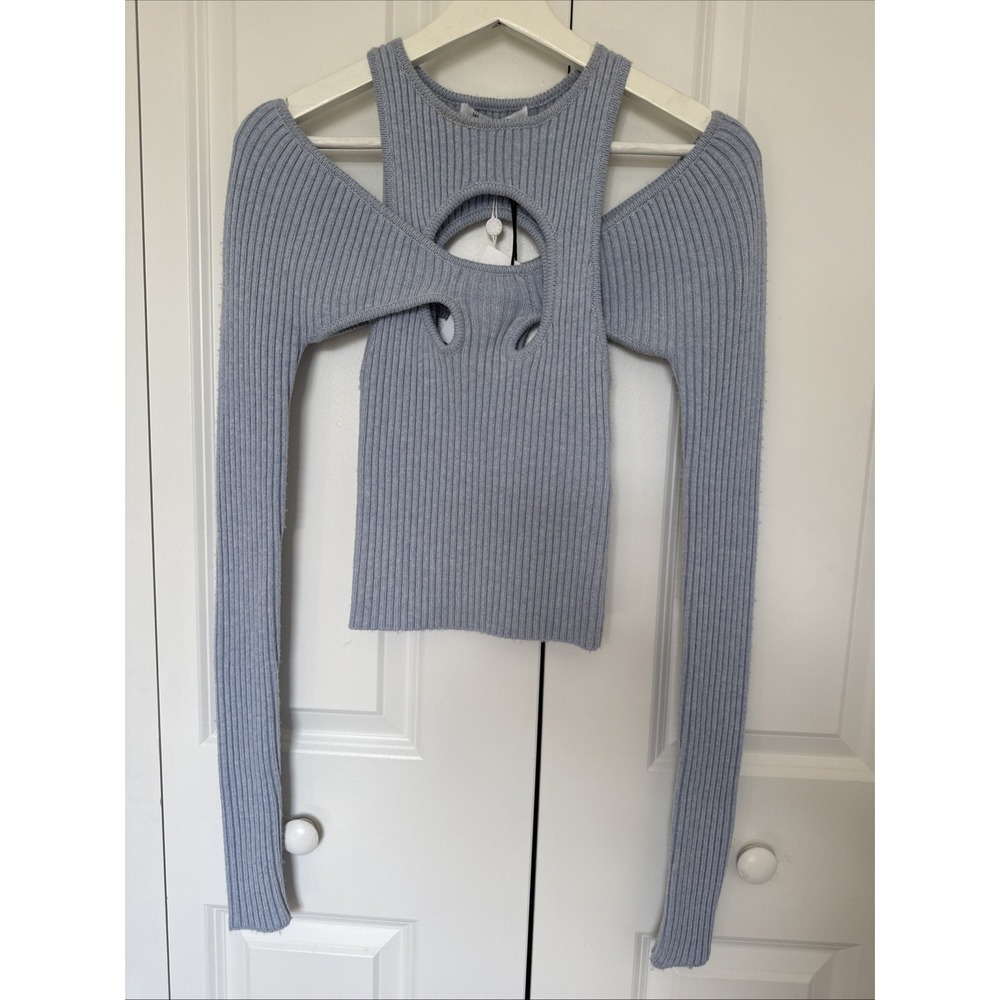 Wynn Hamlyn Powder Blue Ribbed Cutout Knit Top with Shrug Overlay XS New